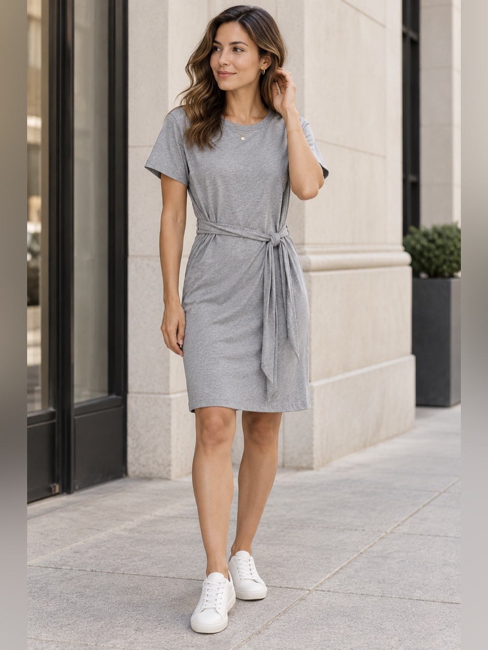 Vince Heather Gray Cotton Belt Tie T-Shirt Dress Small Quiet Luxury
